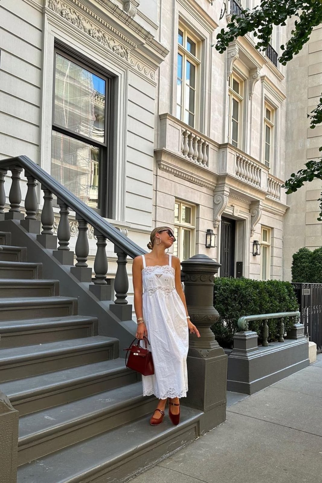 White Lace Trim Dress With Red Heels — Trendy Old Money Outfits