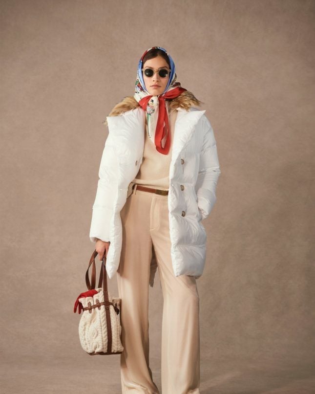 White Puffer Coat With Headscarf — Trendy Old Money Outfits