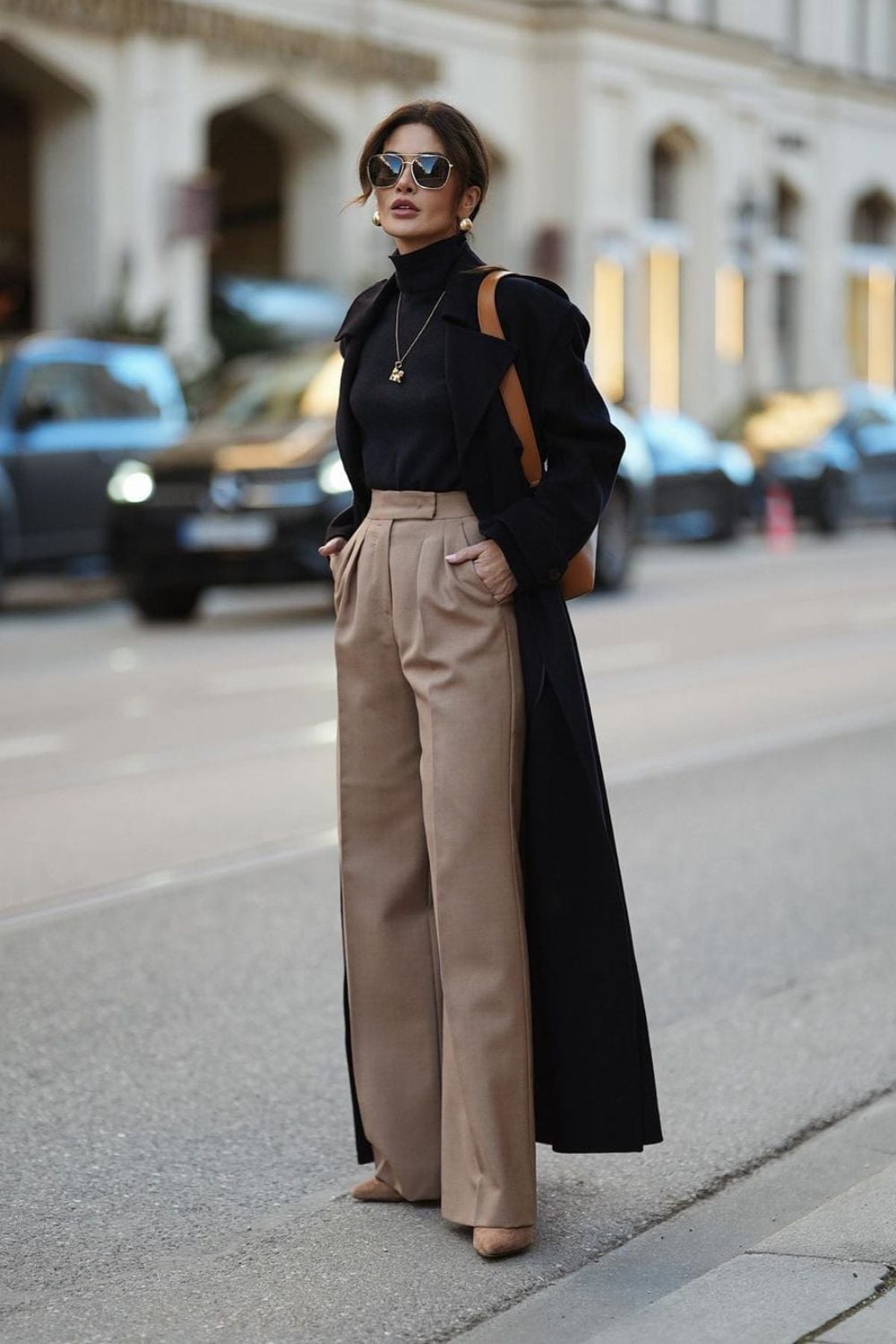 Elegant Camel Trousers With Black Coat — Trendy Old Money Outfits