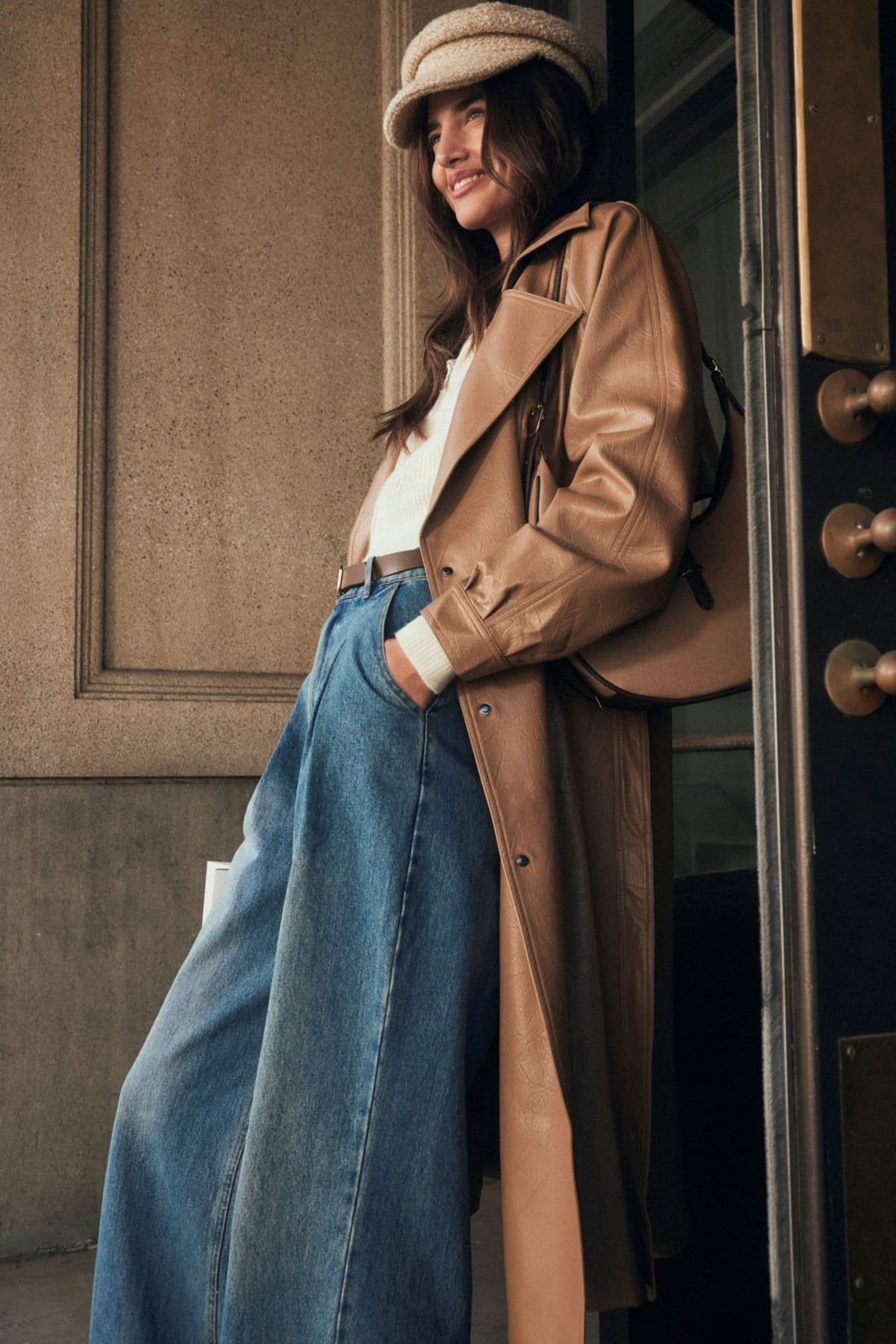 Brown Leather Trench Coat With Denim — Trendy Old Money Outfits