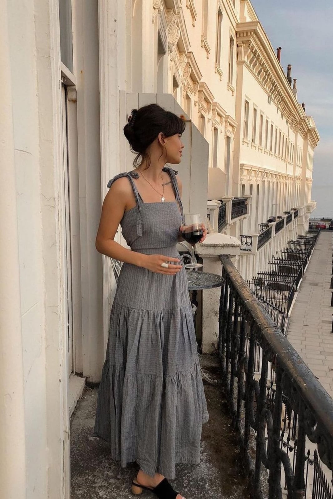 Grey Gingham Tiered Maxi Dress — Trendy Old Money Outfits