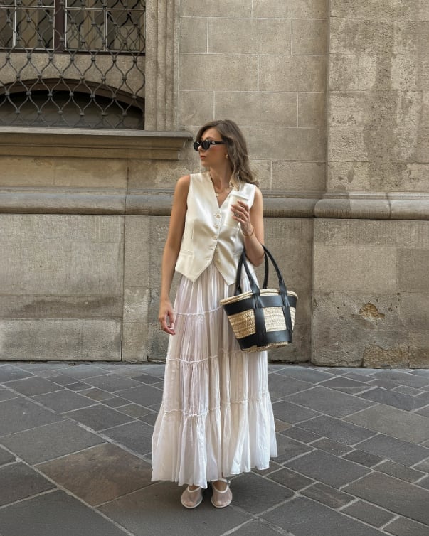 Cream Vest Over White Tiered Maxi Dress — Trendy Old Money Outfits