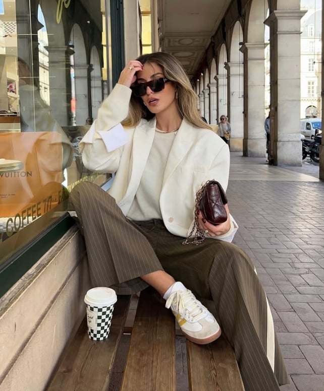 Oversized Ivory Blazer With Pinstripe Trousers — Trendy Old Money Outfits