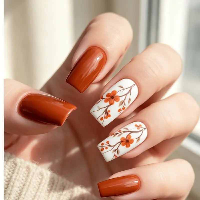 Short Square Brown Floral Orange Flower Nails Short Square Brown Floral Orange Flower Nails — Trendy Orange Nails