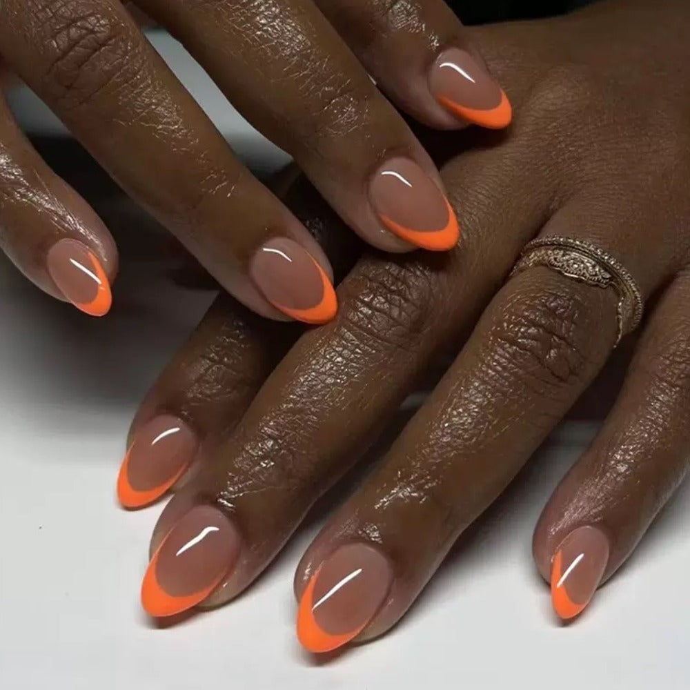 Medium Almond Vivid Orange French Tip Nails Medium Almond Vivid Orange French Tip Nails — Trendy Orange Nails