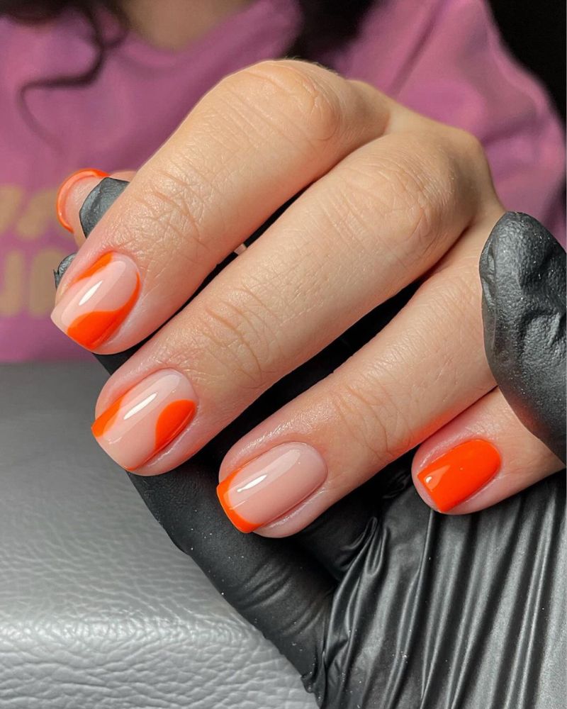 Short Square Sheer Nude Orange Swirl Nails Short Square Sheer Nude Orange Swirl Nails — Trendy Orange Nails