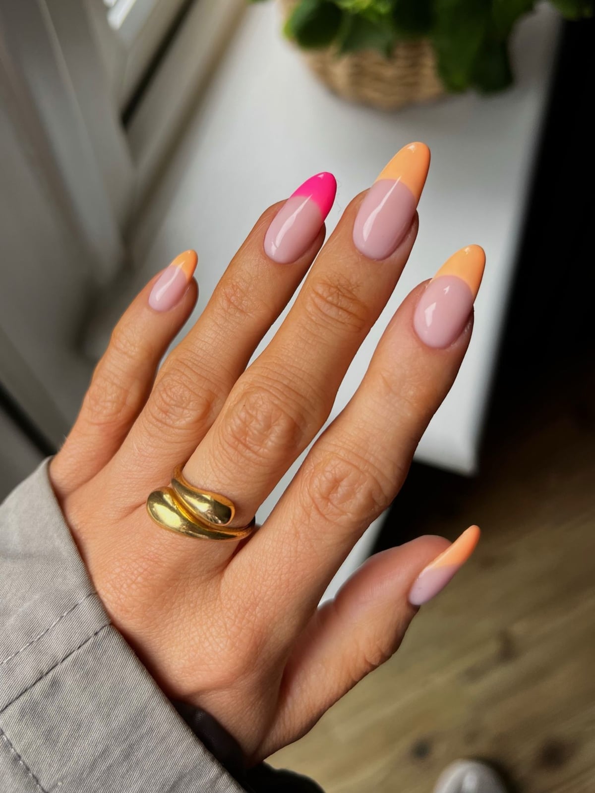 Medium Almond Sheer Nude Color Block French Tips, Glossy Medium Almond Sheer Nude Color Block French Tips, Glossy — Trendy Orange Nails