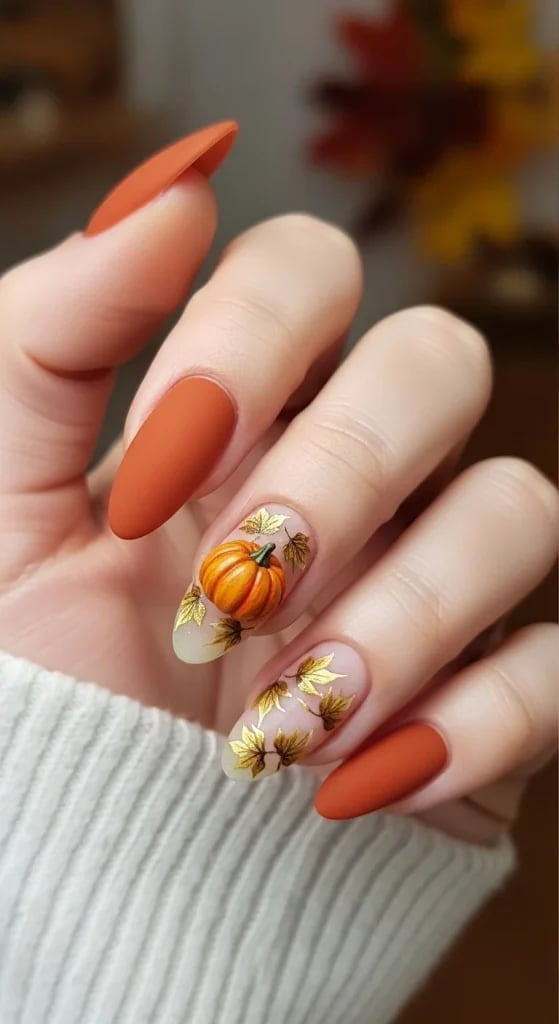 Medium Almond Matte Burnt Orange 3D Pumpkin Medium Almond Matte Burnt Orange 3D Pumpkin — Trendy Orange Nails
