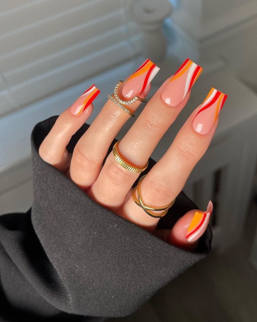 Long Coffin Orange Red White Wavy Stripes Long Coffin Orange Red White Wavy Stripes — Trendy Orange Nails