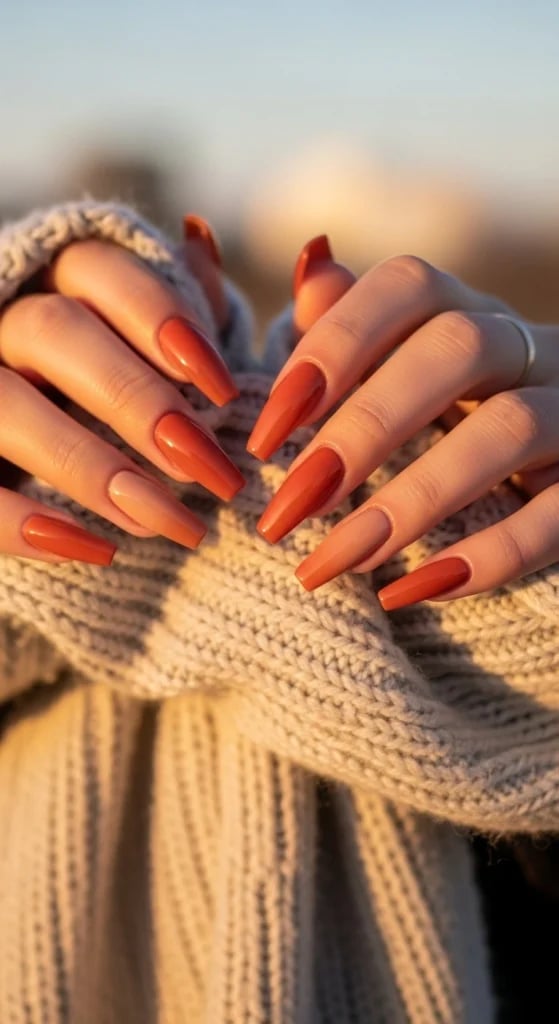 Long Coffin Deep Burnt Orange Nude Nails Long Coffin Deep Burnt Orange Nude Nails — Trendy Orange Nails