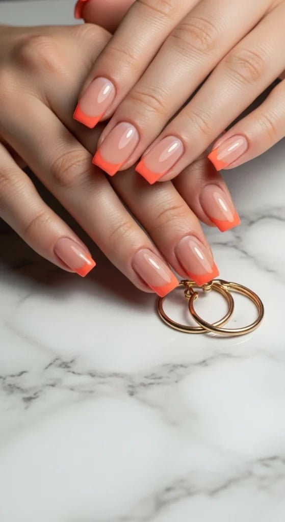 Medium Almond Sheer Nude Orange Tip Design Medium Almond Sheer Nude Orange Tip Design — Trendy Orange Nails