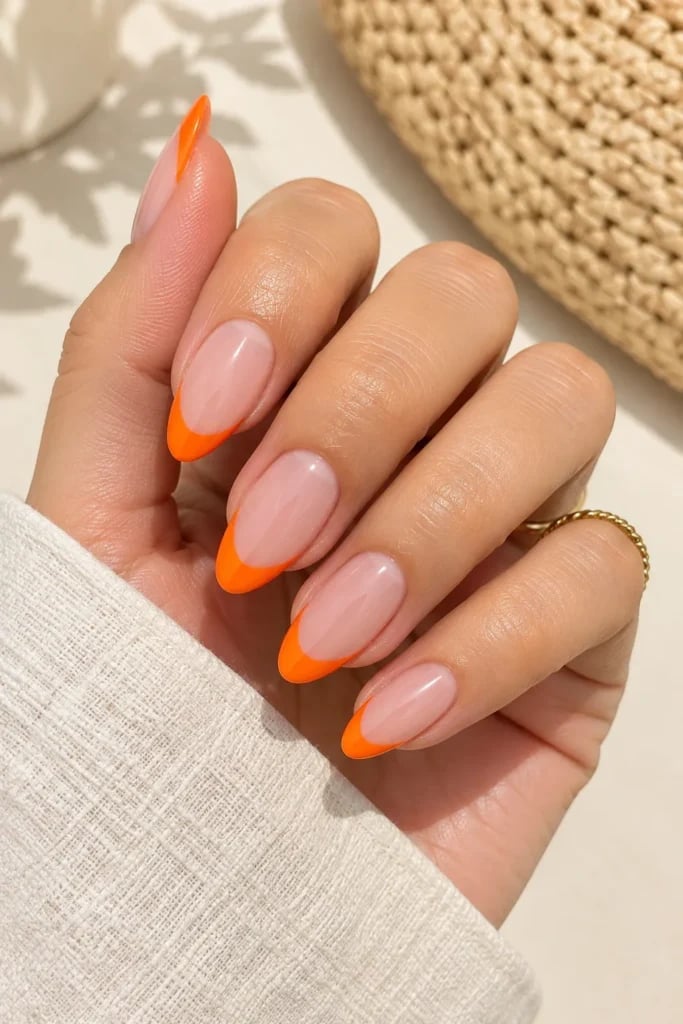 Almond Medium Length Vibrant Orange French Tips Almond Medium Length Vibrant Orange French Tips — Trendy Orange Nails