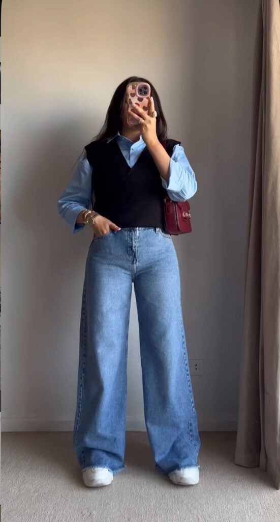 Layered Blue Shirt and Vest with Wide-Leg Jeans Layered Blue Shirt and Vest with Wide-Leg Jeans — Trendy Outfit Ideas
