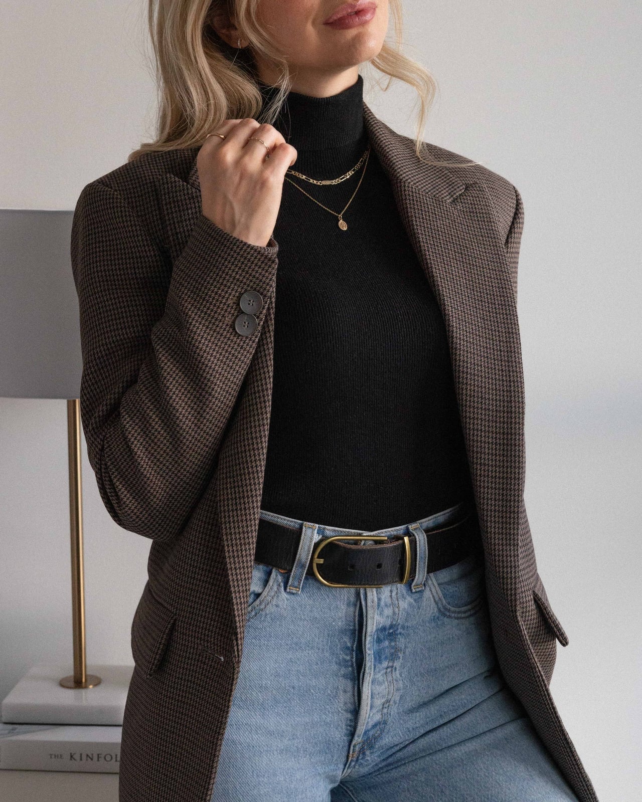 Houndstooth Blazer with Black Turtleneck Houndstooth Blazer with Black Turtleneck — Trendy Outfit Ideas