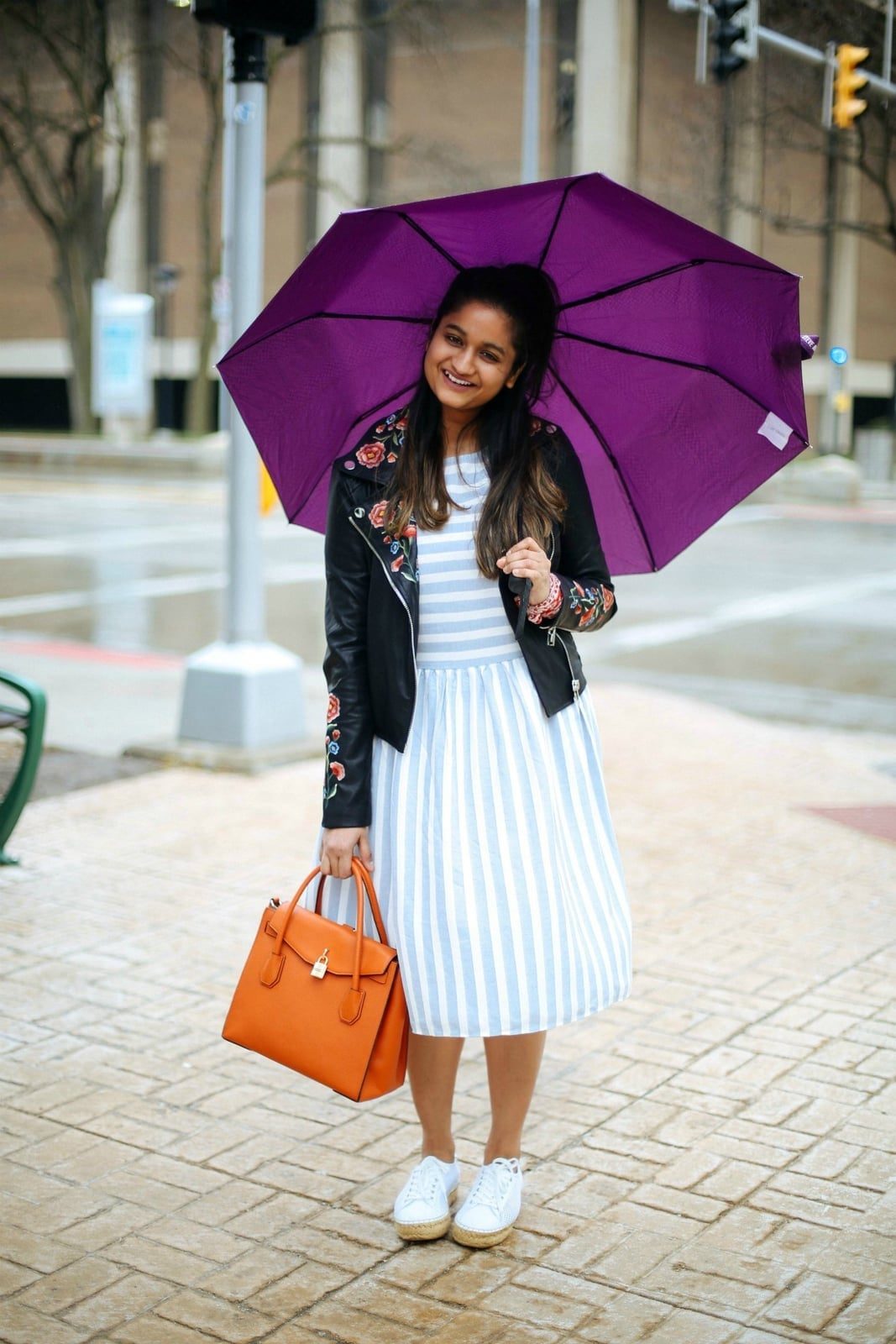 Embroidered Leather Jacket Over Striped Dress Embroidered Leather Jacket Over Striped Dress — Trendy Outfit Ideas