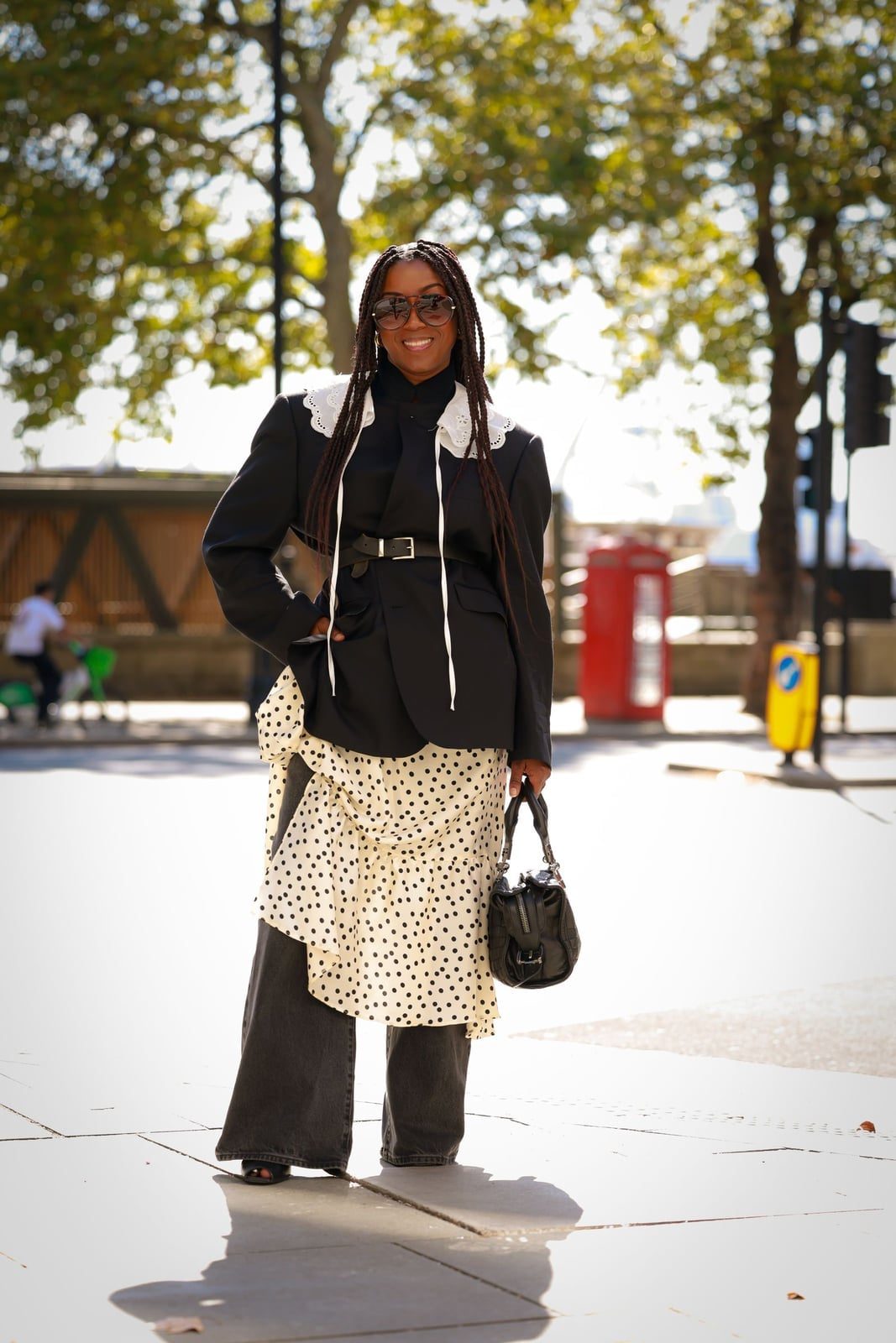 Oversized Blazer with Polka Dot Skirt and Jeans Oversized Blazer with Polka Dot Skirt and Jeans — Trendy Outfit Ideas