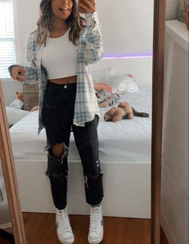 White Crop Top Under Plaid Shirt with Ripped Jeans White Crop Top Under Plaid Shirt with Ripped Jeans — Trendy Outfits for Teens