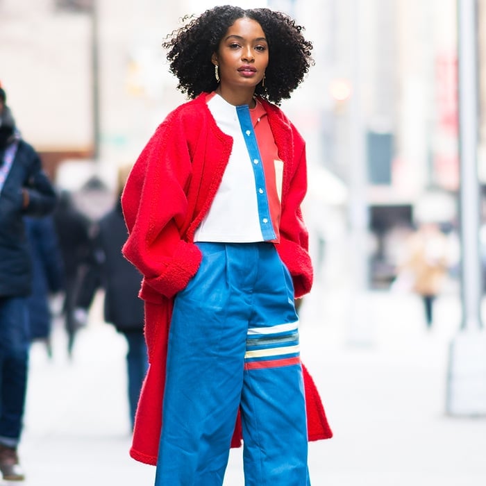 Bold Red Coat Over Color-Blocked Top and Wide Trousers Bold Red Coat Over Color-Blocked Top and Wide Trousers — Trendy Outfits for Teens