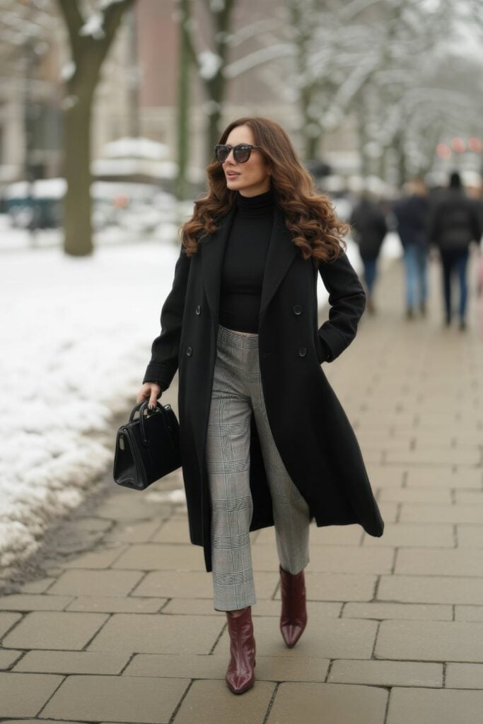 Black Coat and Plaid Trousers for Winter City Style Black Coat and Plaid Trousers for Winter City Style — Trendy Parisian Style