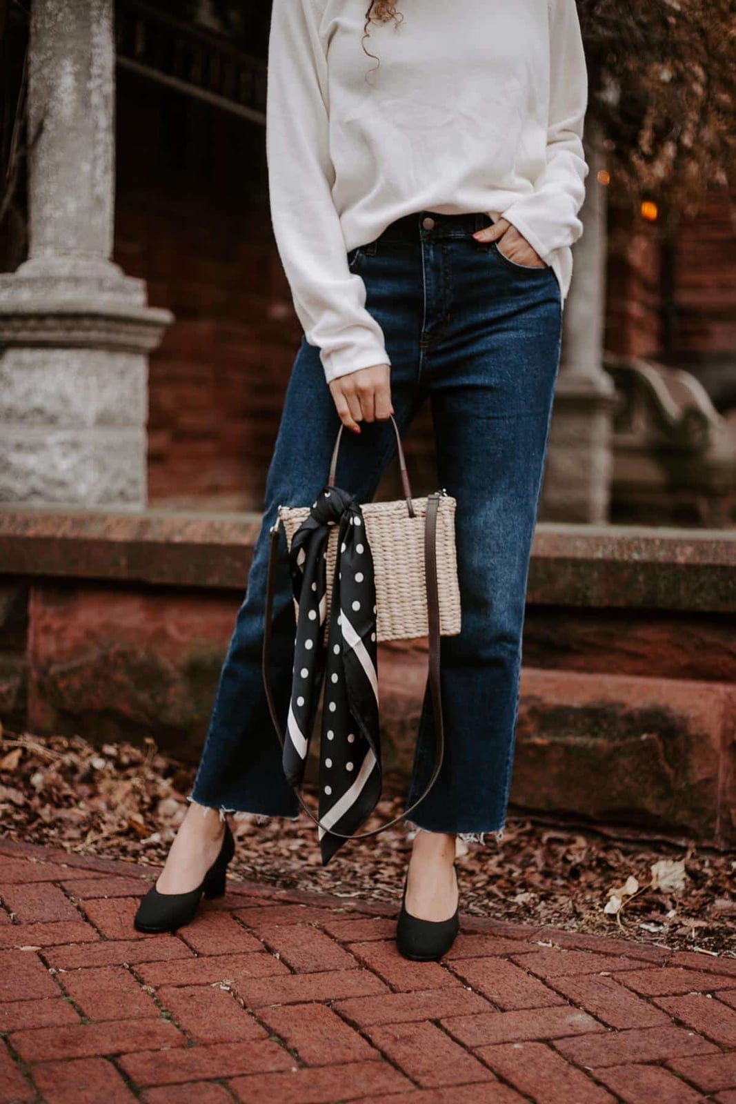 Wide-Leg Jeans and Sweater with Polka Dot Scarf Wide-Leg Jeans and Sweater with Polka Dot Scarf — Trendy Parisian Style