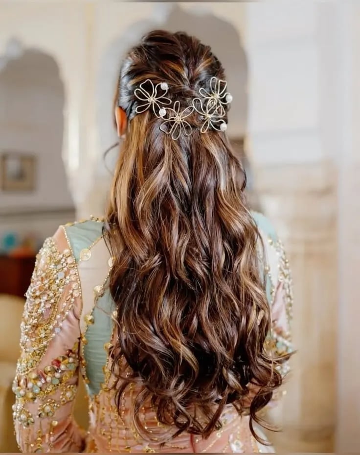 Brown Waves With Braids And Floral Pins — Trendy Party Hair