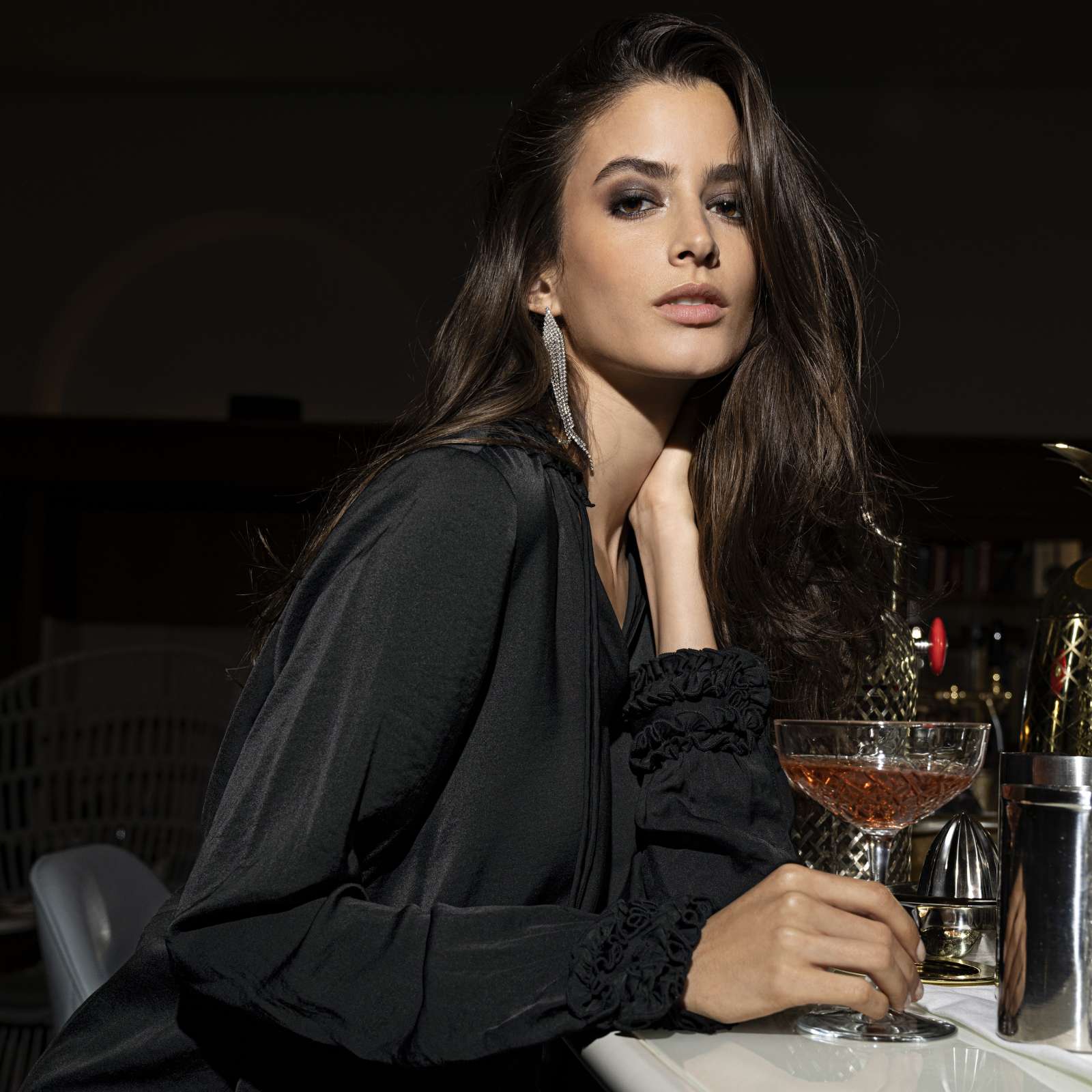 Black Satin Blouse with Ruffled Cuffs for an Evening Party Black Satin Blouse with Ruffled Cuffs for an Evening Party — Trendy Party Outfits