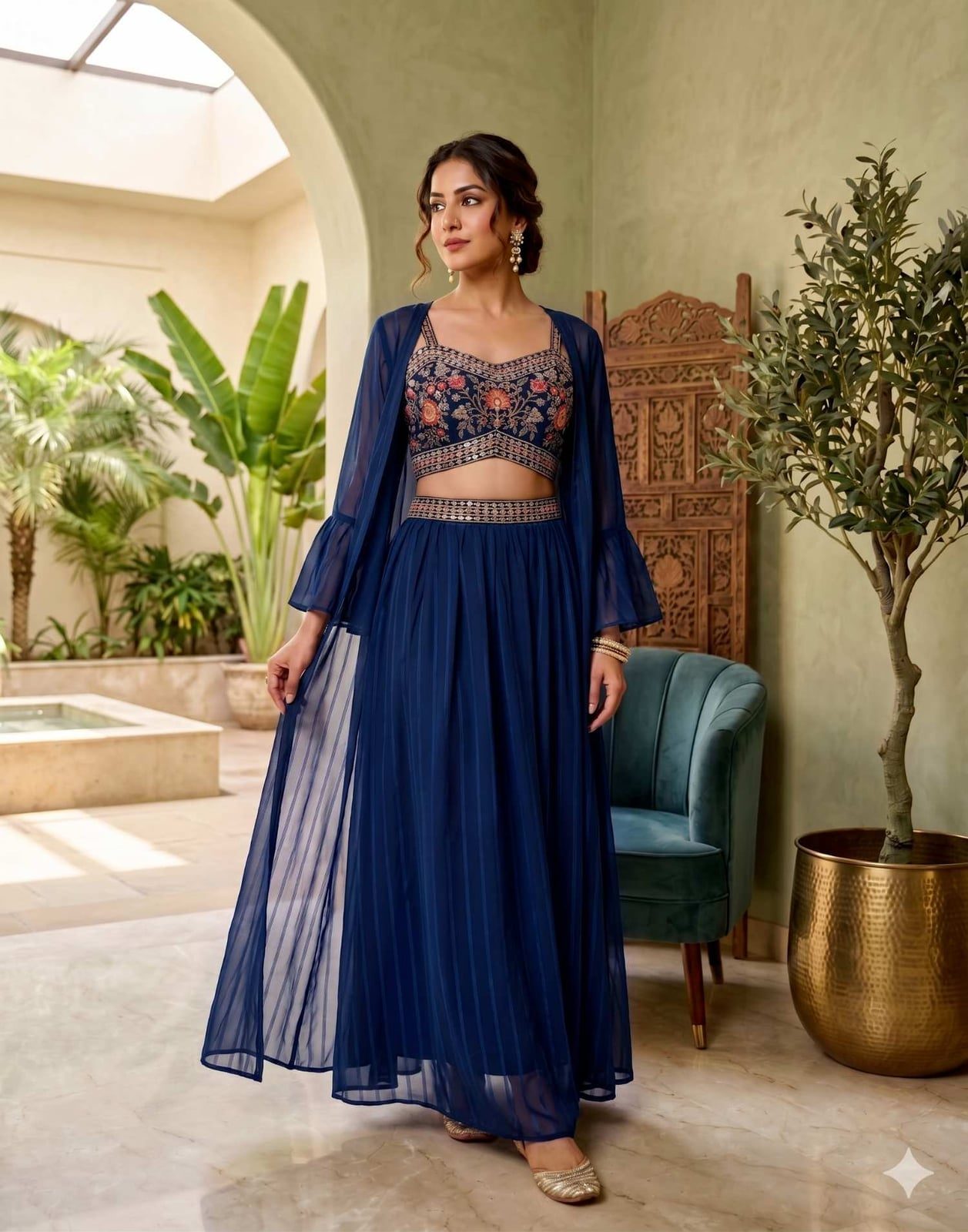Embroidered Crop Top and Pleated Skirt Set with Sheer Jacket Embroidered Crop Top and Pleated Skirt Set with Sheer Jacket — Trendy Party Outfits
