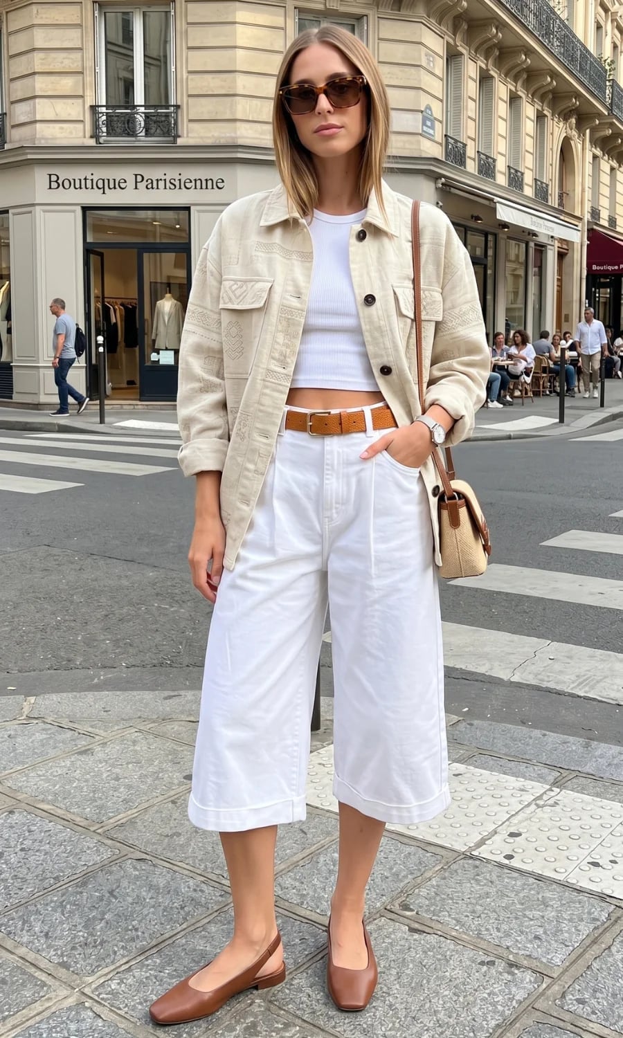 Oversized Shirt Jacket Over Culottes With Brown Slingback Flats — Trendy Photo Outfit