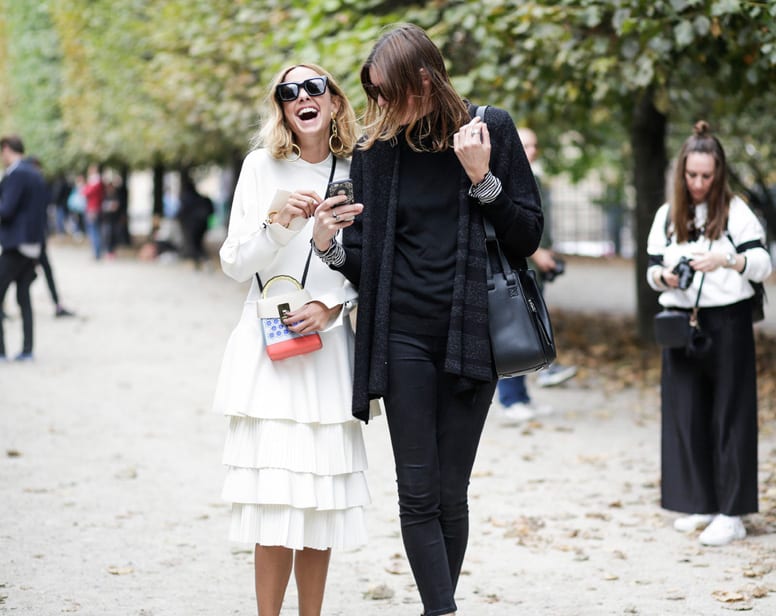 Tiered Ruffled Skirt with Striped Top and Two Women Walking Outdoors — Trendy Photo Outfit