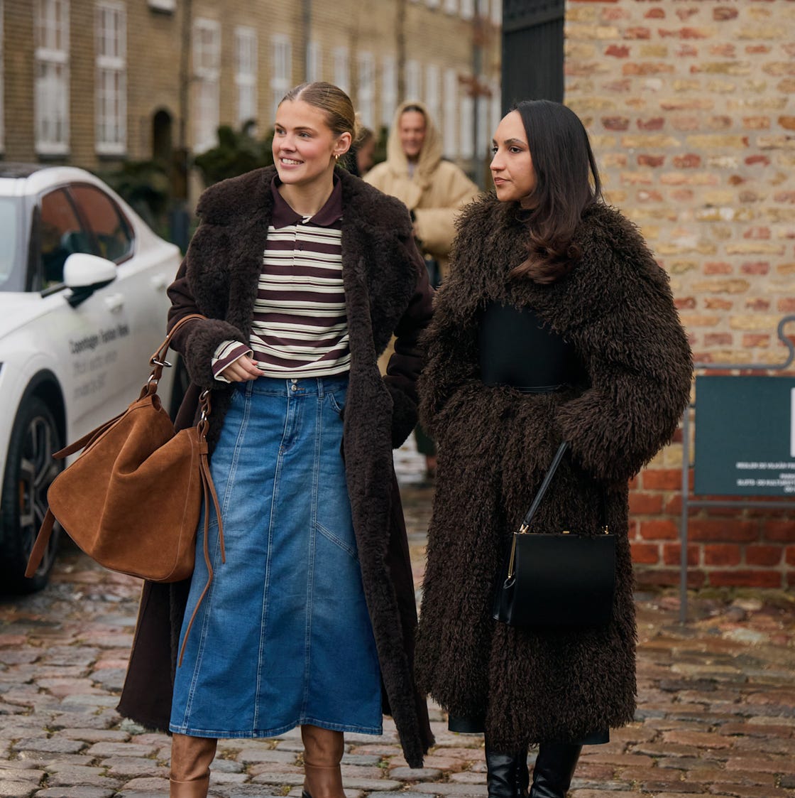 Shearling Coat Over Striped Polo and Denim Skirt — Trendy Photo Outfit