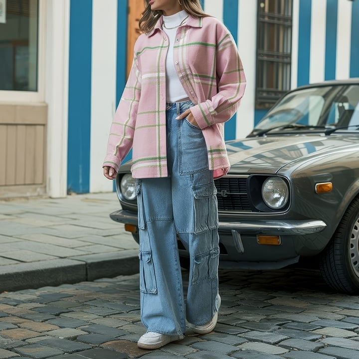Plaid Flannel Shirt Tops Cargo Jeans — Trendy Photo Outfit
