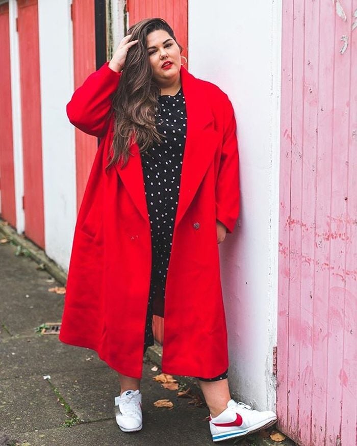 Vibrant Red Coat Over Polka Dot Dress — Trendy Photo Outfit