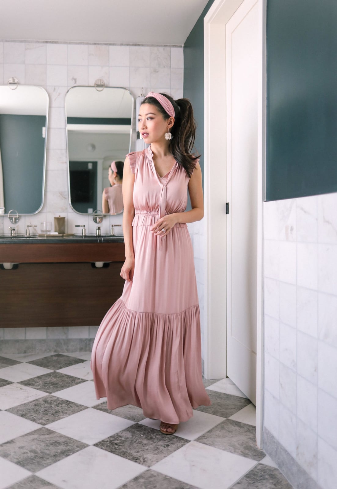 Blush Pink Satin Tiered Maxi Dress Blush Pink Satin Tiered Maxi Dress — Trendy Pink Dress Outfit