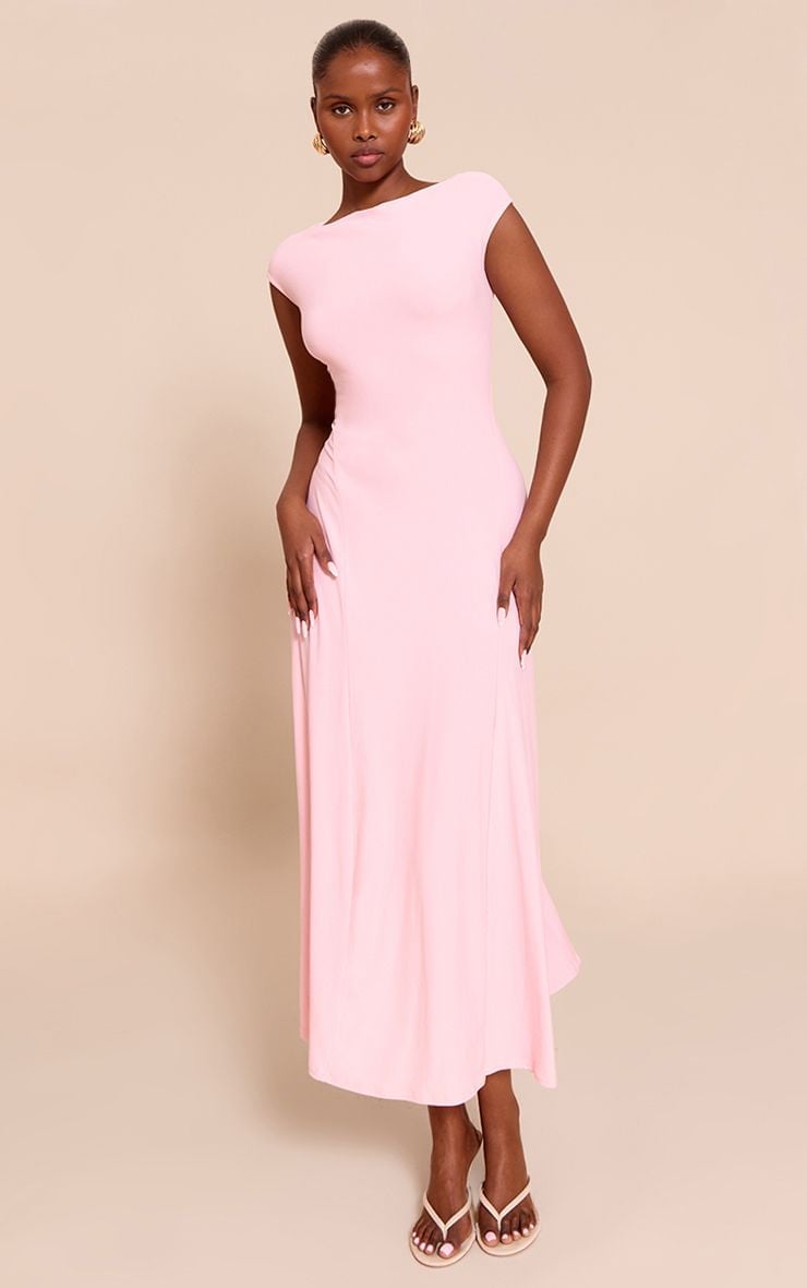 Pale Pink Midi Dress with Boat Neckline Pale Pink Midi Dress with Boat Neckline — Trendy Pink Dress Outfit