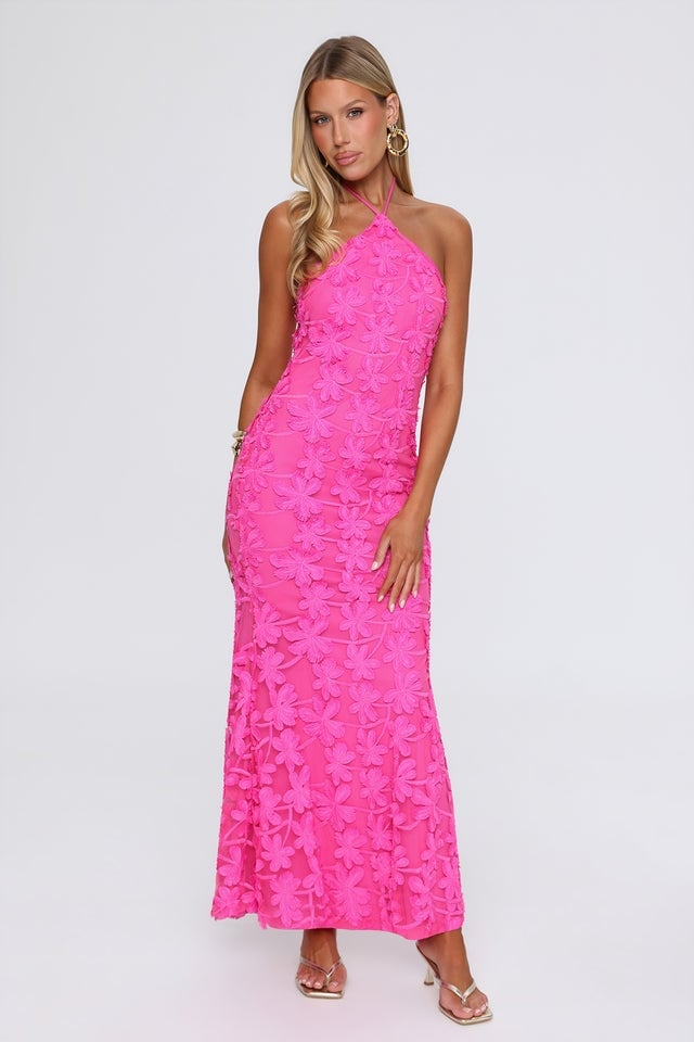 Hot Pink Floral Applique Maxi Dress Hot Pink Floral Applique Maxi Dress — Trendy Pink Dress Outfit