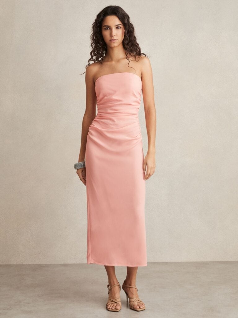 Pale Pink Satin Strapless Midi Dress Pale Pink Satin Strapless Midi Dress — Trendy Pink Dress Outfit