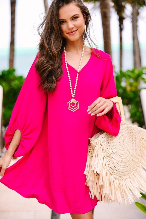 Hot Pink Bubble Sleeve Shift Dress Hot Pink Bubble Sleeve Shift Dress — Trendy Pink Dress Outfit