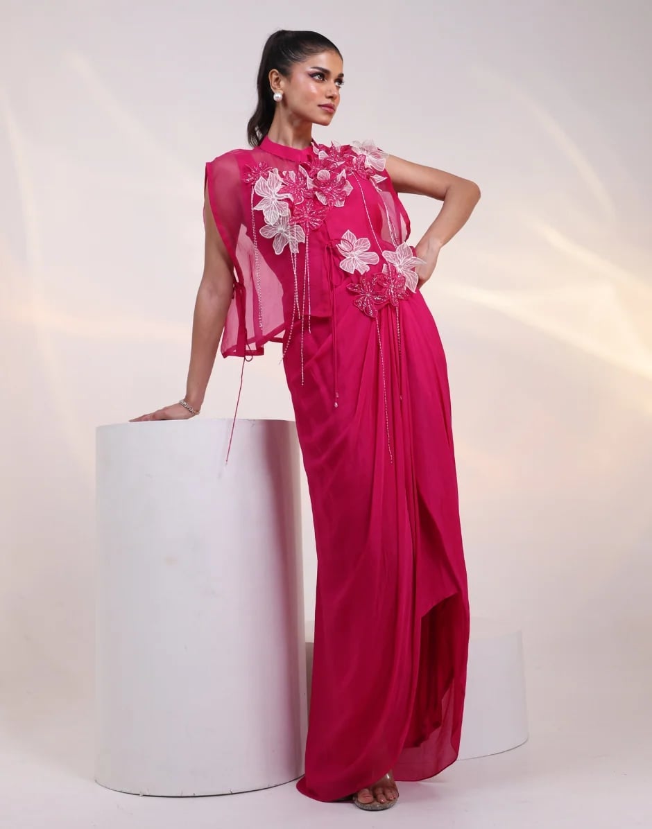 Hot Pink Draped Dress with Floral Capelet Hot Pink Draped Dress with Floral Capelet — Trendy Pink Dress Outfit