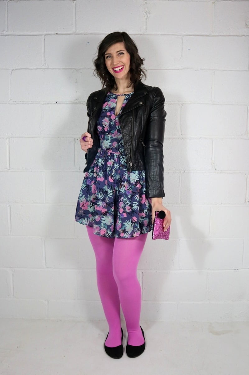 Bright Pink Leggings With Floral Dress and Moto Jacket, Close-Up Take Bright Pink Leggings With Floral Dress and Moto Jacket, Close-Up Take — Trendy Pink Leggings Outfit
