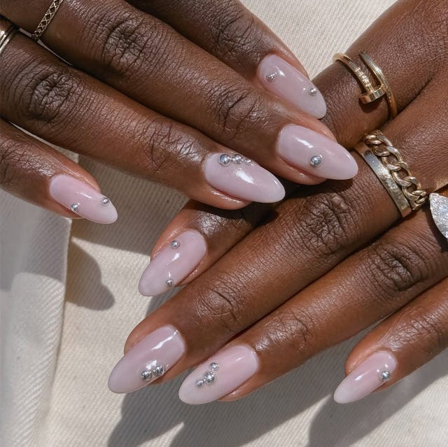 Soft Pink Glossy Nails With Silver Rhinestone Accents — Trendy Pink Nails