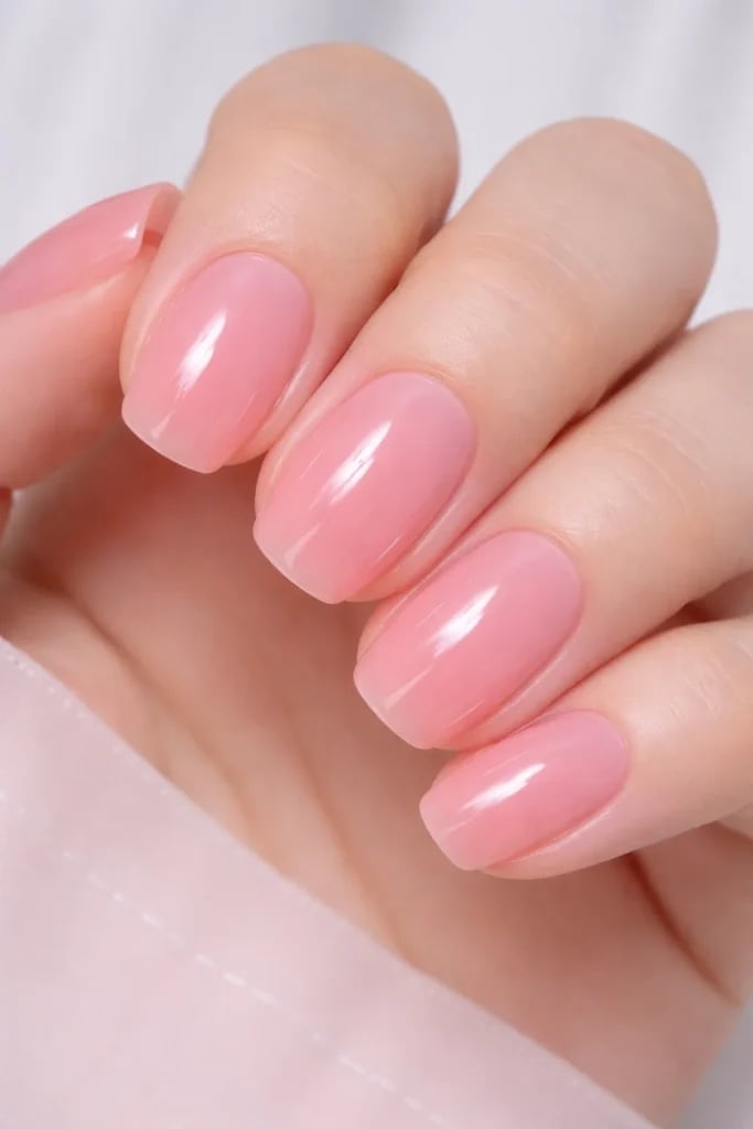Sheer Pink Glossy Medium Square Nails — Trendy Pink Nails