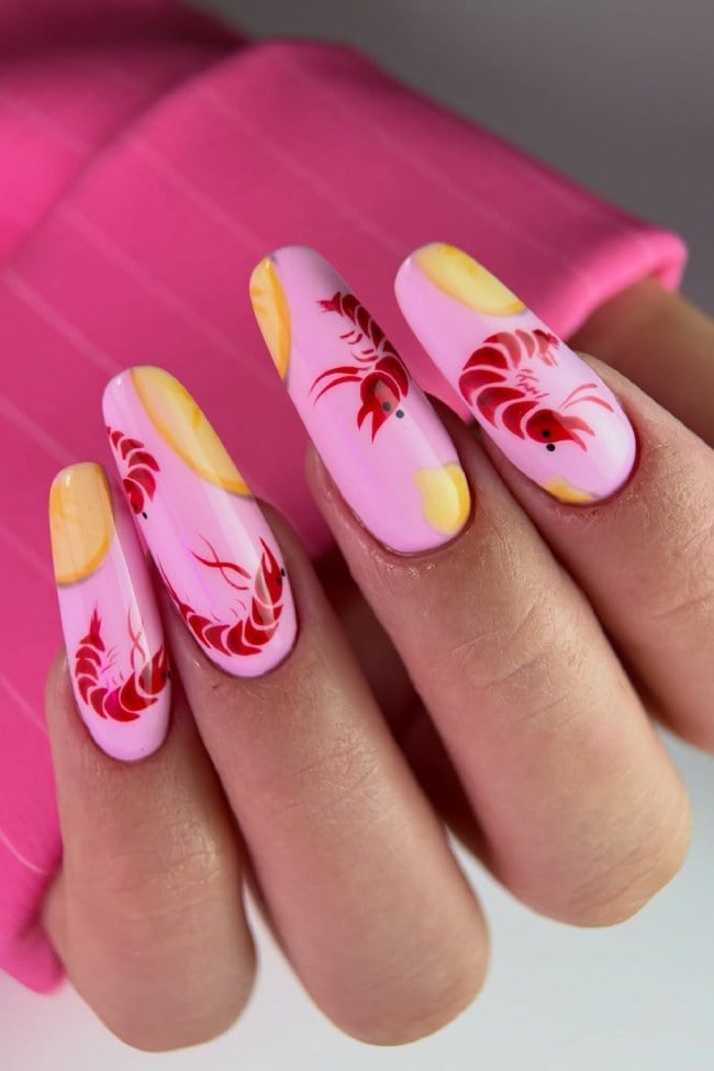 Light Pink Glossy Nails With Shrimp And Lemon Art — Trendy Pink Nails