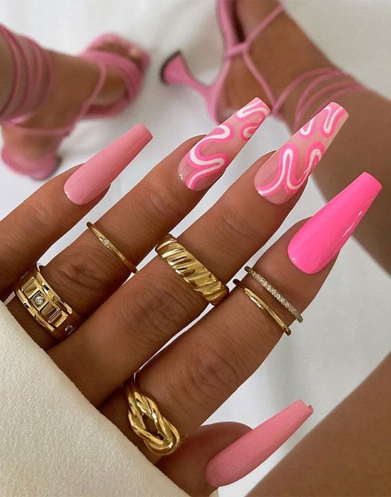 Hot Pink Coffin Nails With Swirl Pattern — Trendy Pink Nails