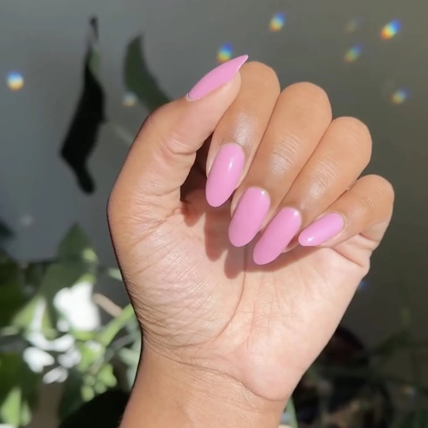 Vibrant Opaque Pink Glossy Medium Almond Nails — Trendy Pink Nails