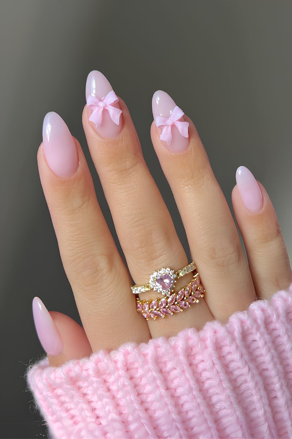 Sheer Pink Glossy Nails With 3D Bows — Trendy Pink Nails