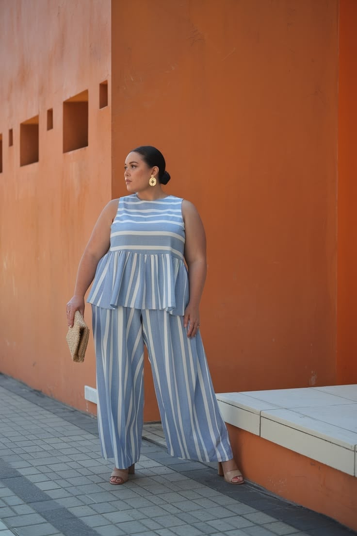 Striped Peplum Top and Wide Leg Pants Set — Trendy Plus Size Outfits