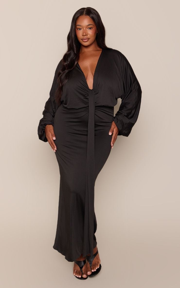 Black Bodycon Maxi Dress with Deep V-neck — Trendy Plus Size Outfits