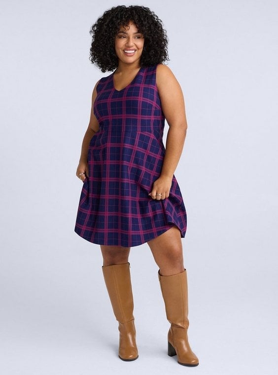 Plaid Fit-And-Flare Dress with Knee-High Boots — Trendy Plus Size Outfits