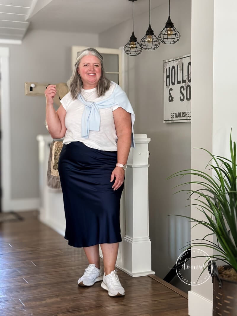 Satin Midi Skirt with Draped Sweater — Trendy Plus Size Outfits
