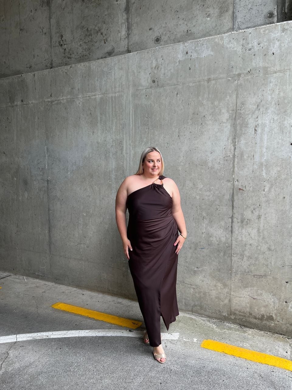 Dark Brown One-Shoulder Draped Dress — Trendy Plus Size Outfits
